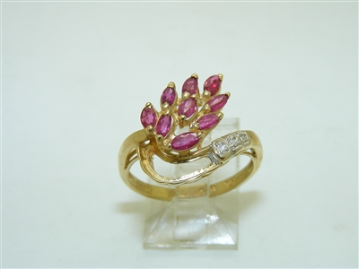14k Yellow Gold Leaf Diamond Ruby Ring