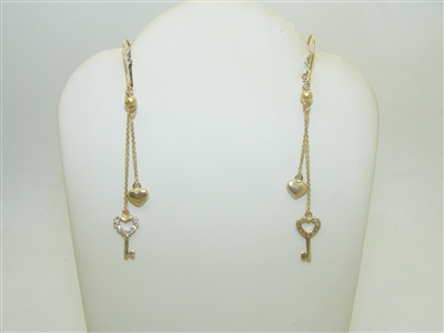 14k Yellow Gold Key And Heart Earring