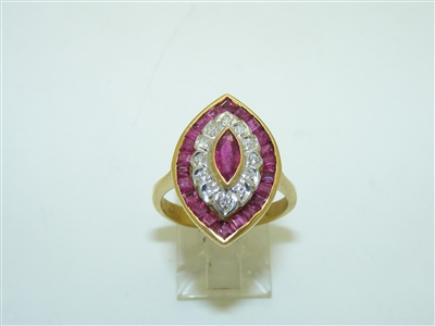 18k Yellow Gold Unique Marquise Ruby Diamond Ring